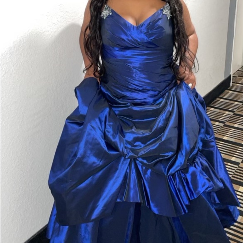 Blue designer ballgown dress.